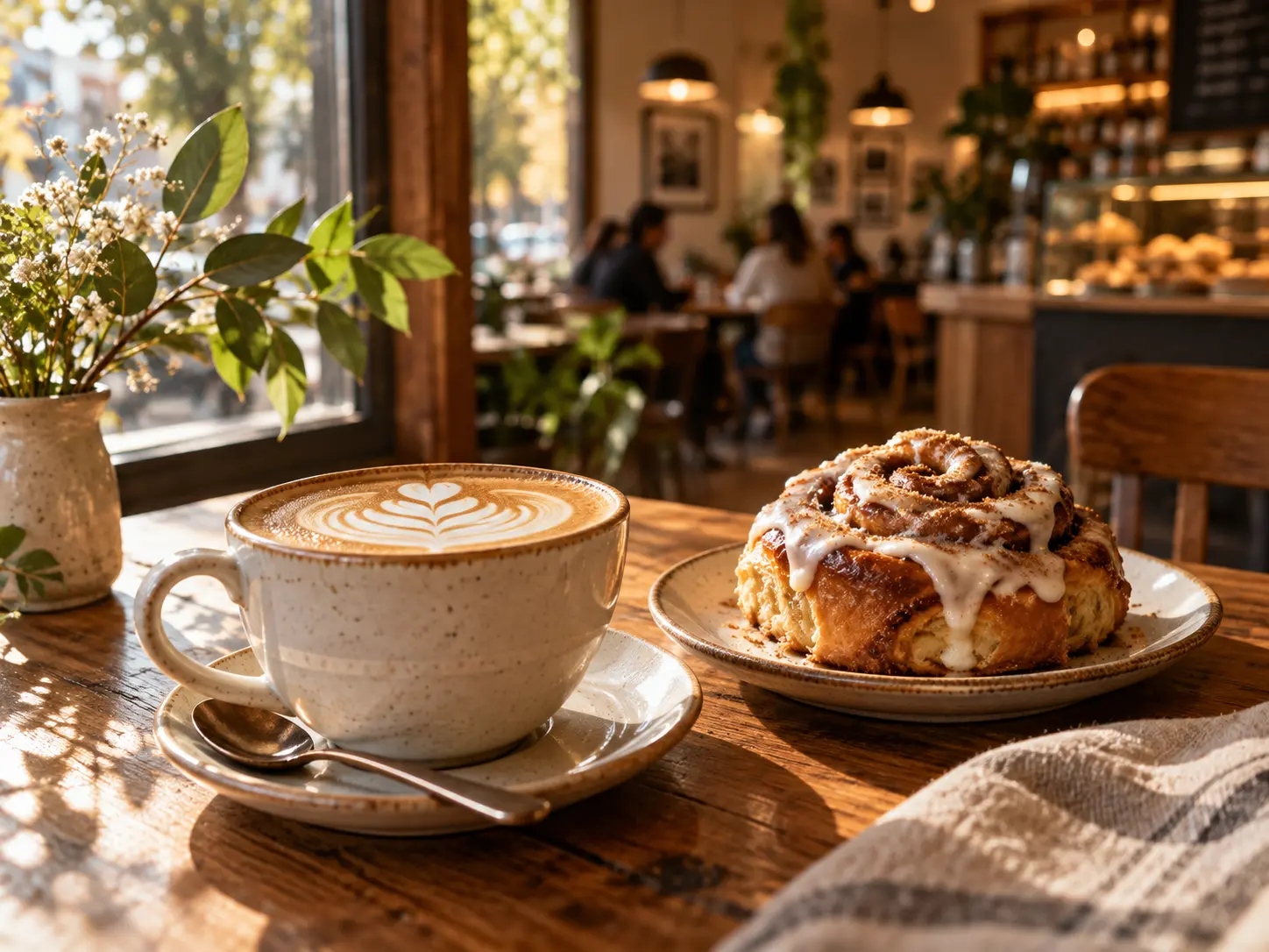 Cappuccino y cinnamon roll sobre una mesa de madera iluminada por el sol