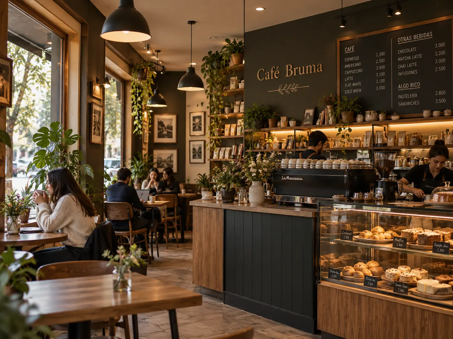 Interior cálido de Café Bruma con mesas de madera, plantas, pastelería y personas conversando