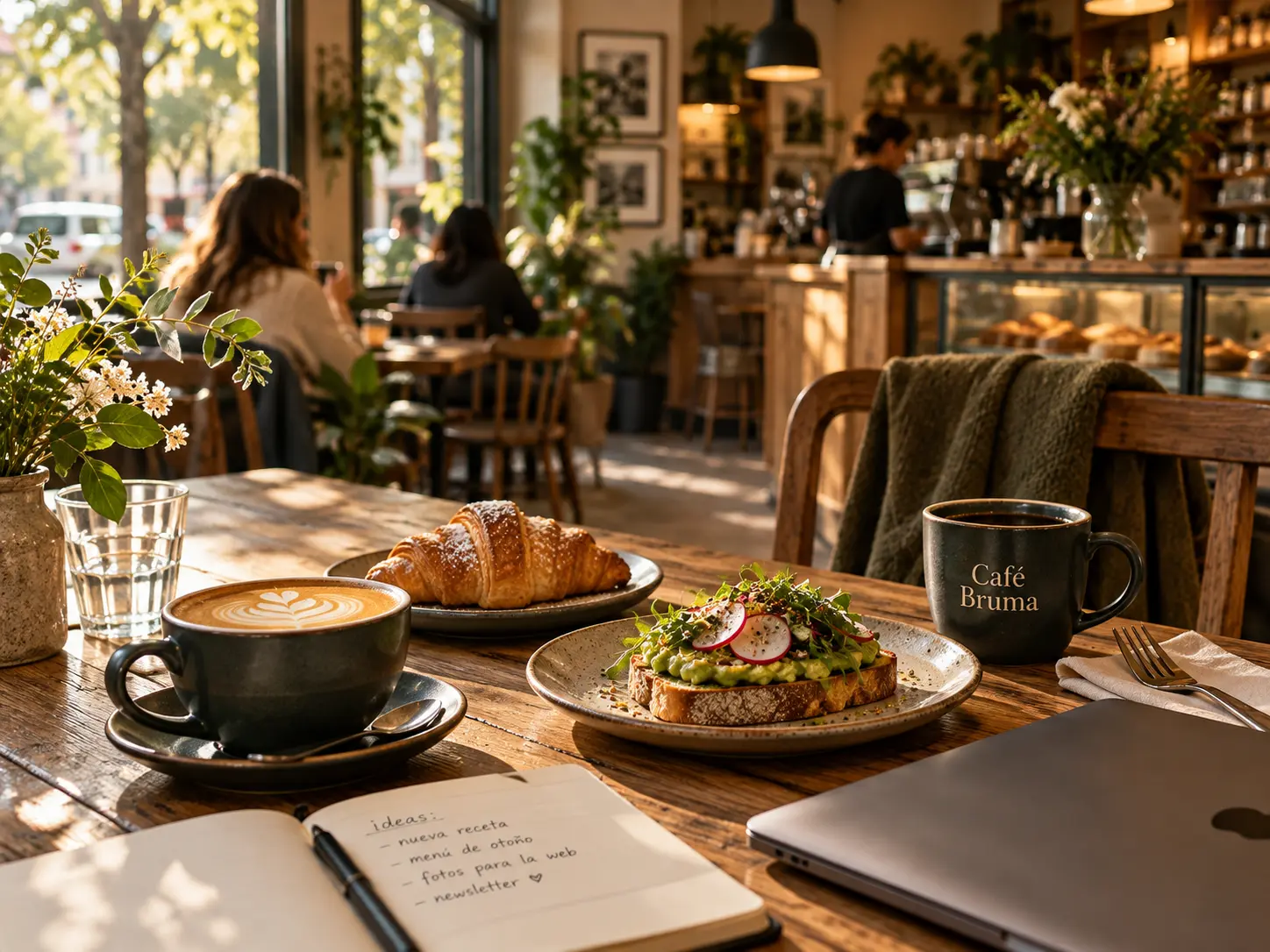 Mesa con café, croissant, tostada y un notebook en el interior de Café Bruma